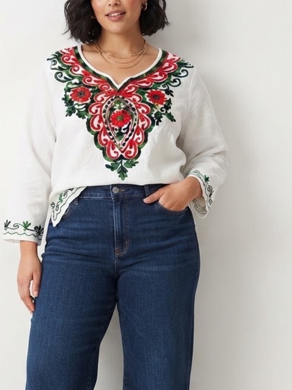 🥳🤩3 FOR $30❤️🤩🥳🤩 White Embroidered V-Neck Tunic with Red & Green Floral Motif
